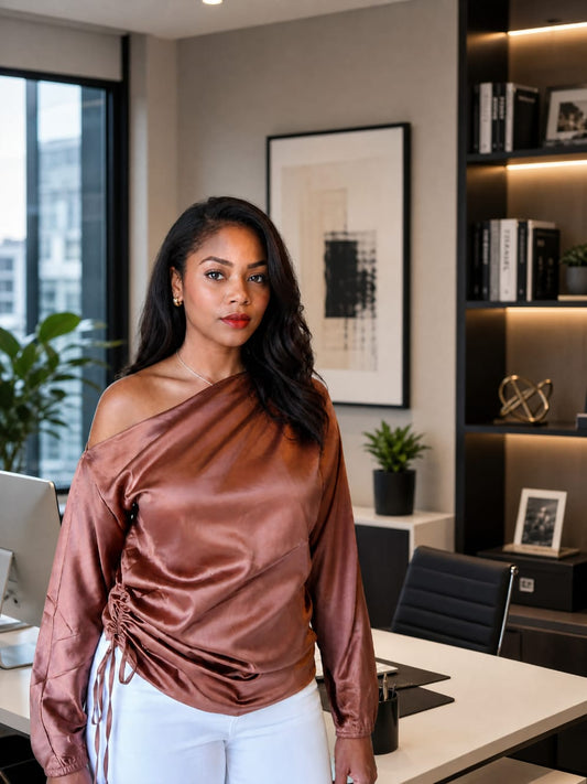 Brown One-Shoulder Ruched Satin Top